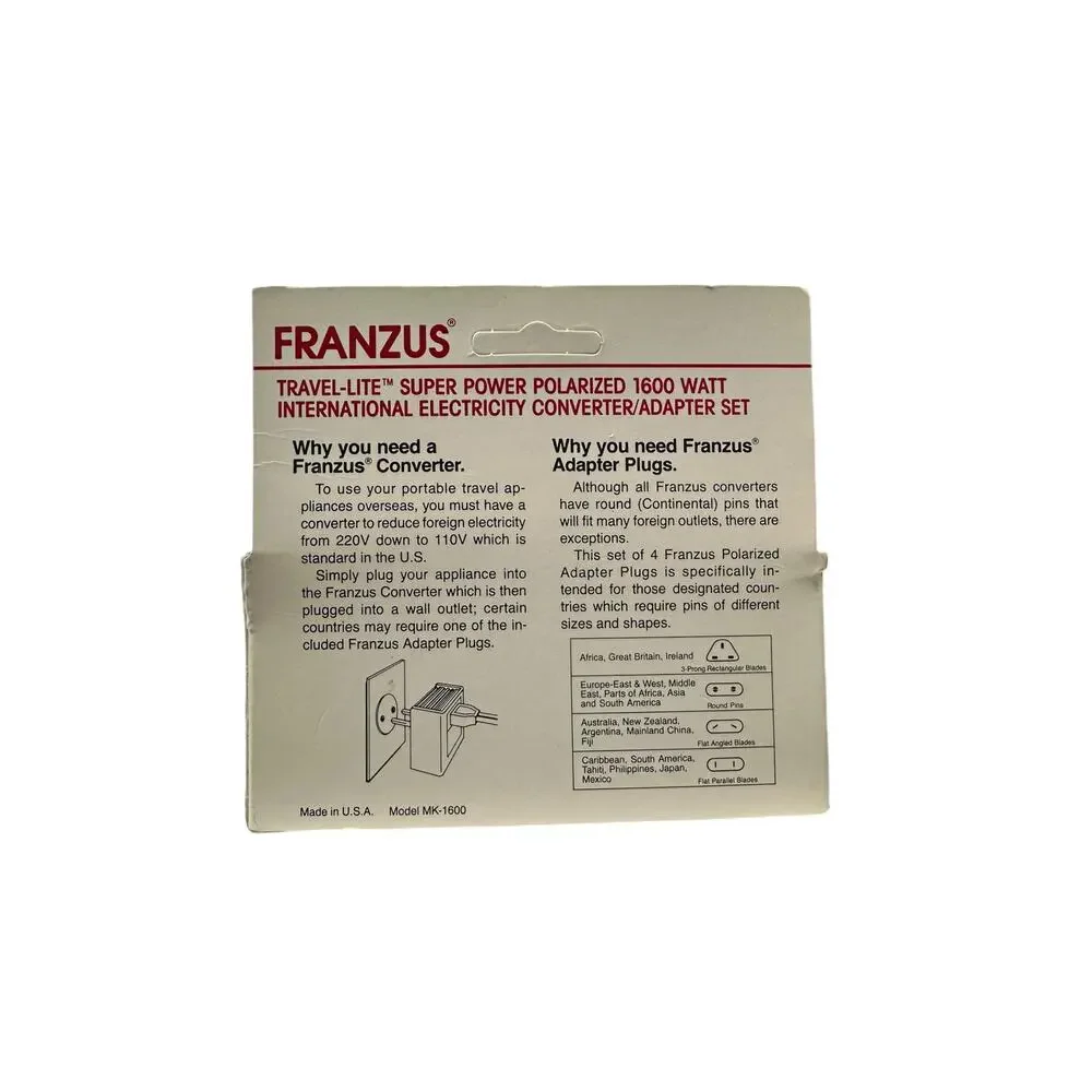 Franzus Foreign Electricity Converter KiT Made In‎ USA MK-1600 220VTO120V New!
